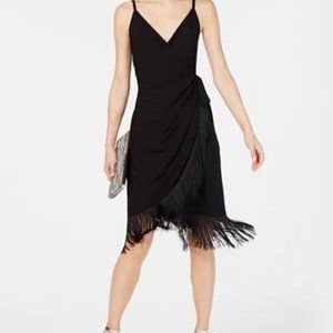 INC Black Fringe Faux Wrap Dress